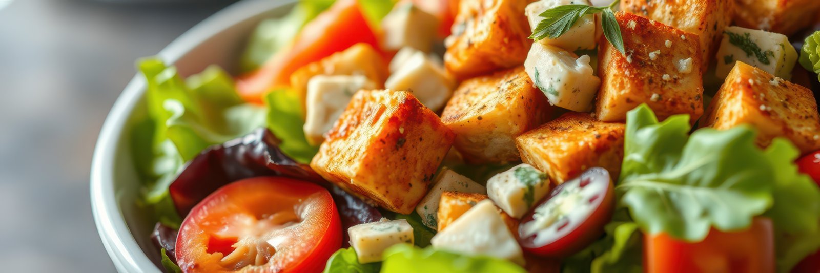 Fresh salad with grilled tofu and colorful vegetables served on a wooden table